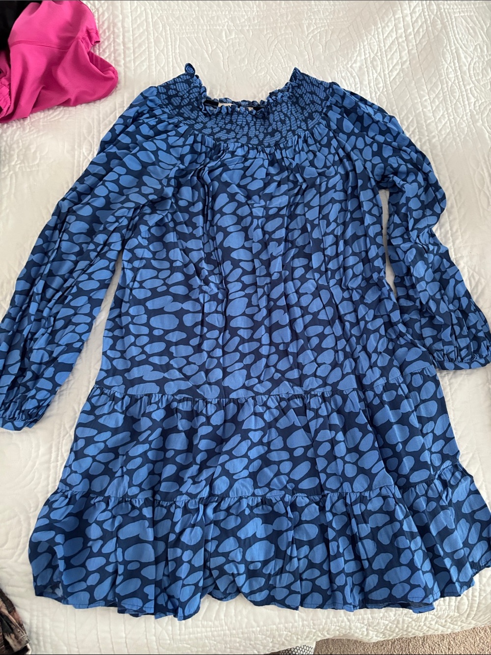 Blue Printed Long-Sleeve Smocked Neck Dress